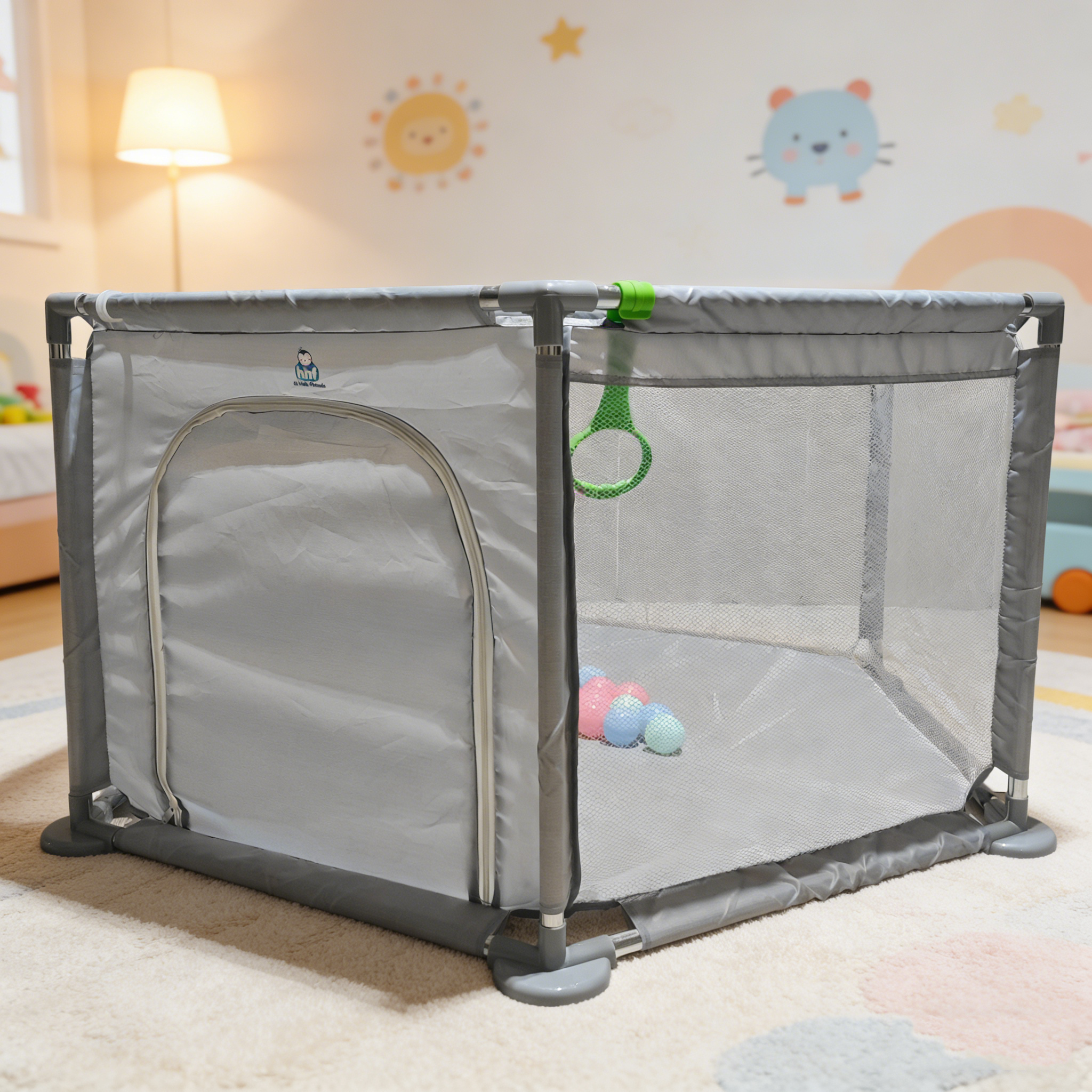 hhf hi hide friends Foldable Play yards | Safety Play Yard with Breathable Mesh, Zipper Door, Pull Rings & Ball Pit for Indoor/Outdoor Use (Grey)