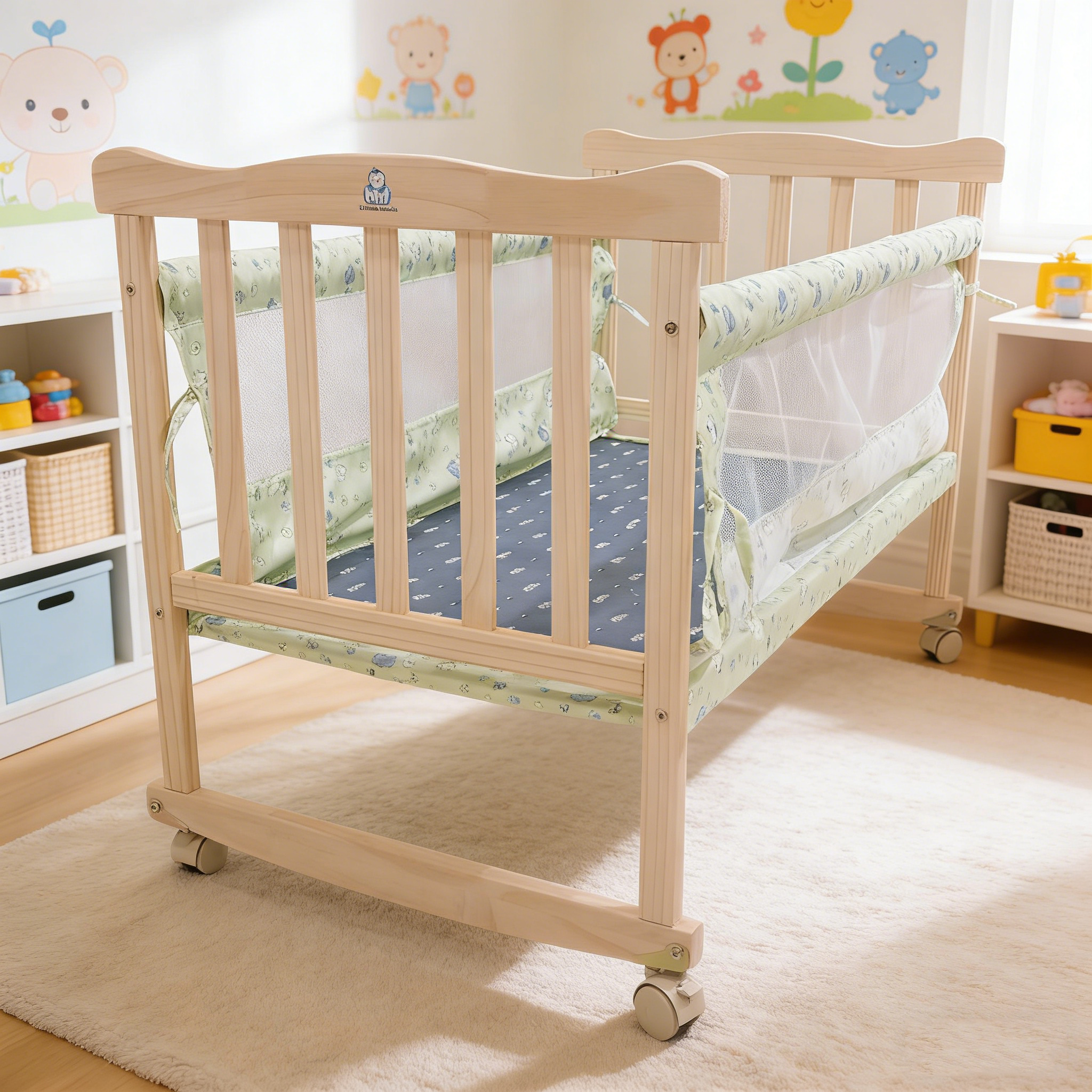 hhf hi hide friends Cribs for babies，Wooden Baby Crib with Wheels, Portable Newborn Bed with Breathable Mesh Sides, Adjustable Toddler Cradle for Nursery, Natural  Wood