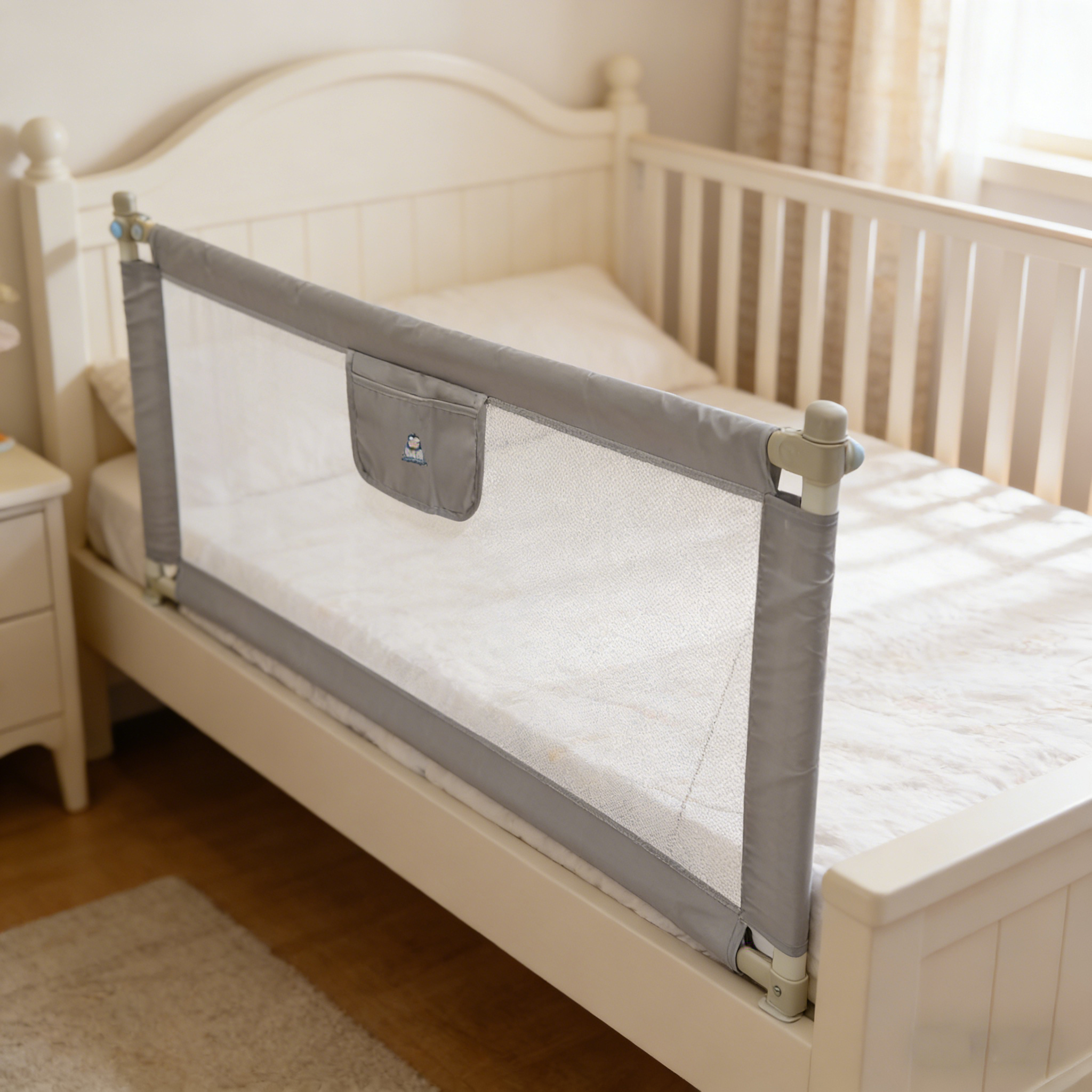 hhf hi hide friends Gray Mesh Bed rails for Toddlers with Storage Pocket –Safety Bed Guard for Kids, Fits Twin, Full, Queen Beds – Easy to Install, Breathable & Sturdy Baby Bedrail (78.7″x78.7″x60″-Grey)