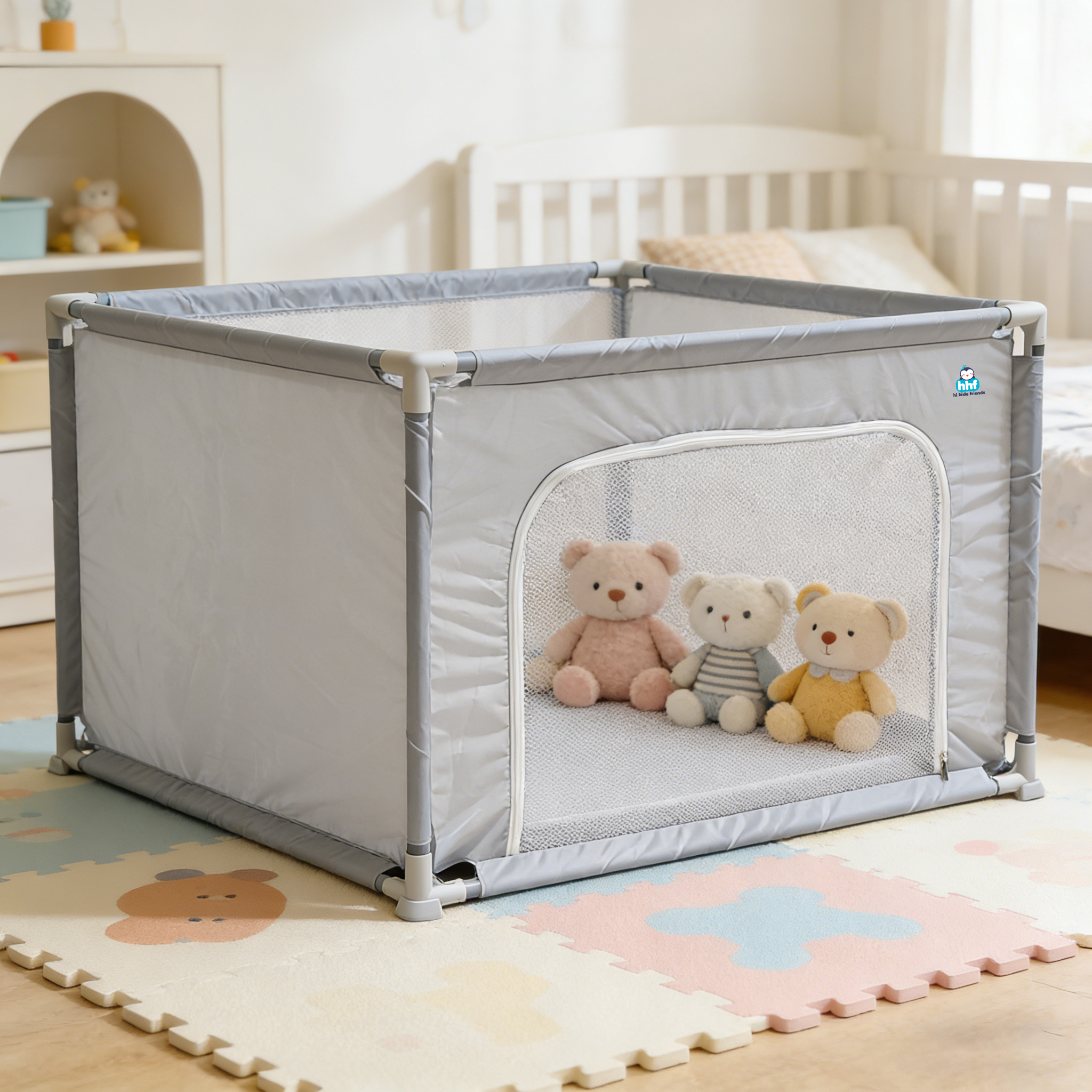hhf hi hide friends Playpens for babies for Babies and Toddlers  | Indoor & Outdoor Baby Play Area with Zipper Door | Grey（50″x50″）